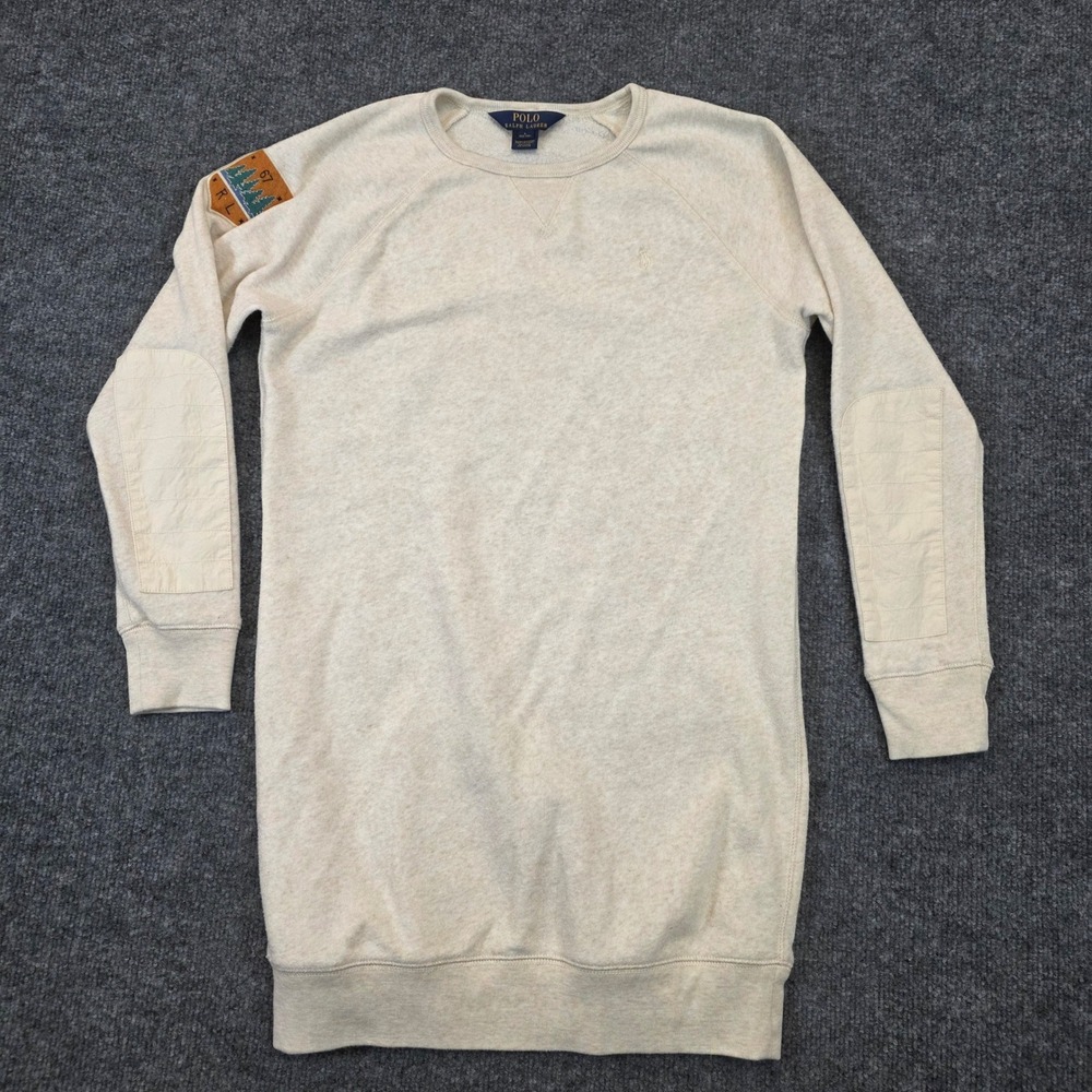 Vintage Polo Ralph Lauren Sweatshirt Kids Size L 12-14 Beige Elbow Patch Patch